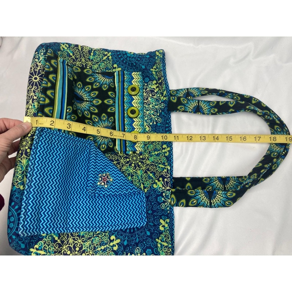 Handmade Peacock-Pattern Quilted Tote Bag – Blue/Green‎ Fabric – 13" x 5" x 10" - Picture 10 of 11
